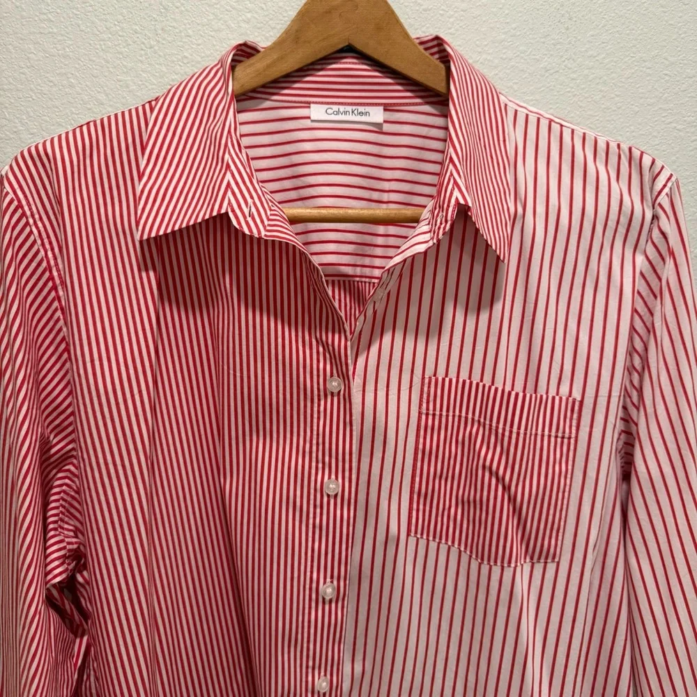 Vintage Calvin Klein Red & White Vertical Stripe Long Sleeve Button Up Size L - Picture 2 of 9